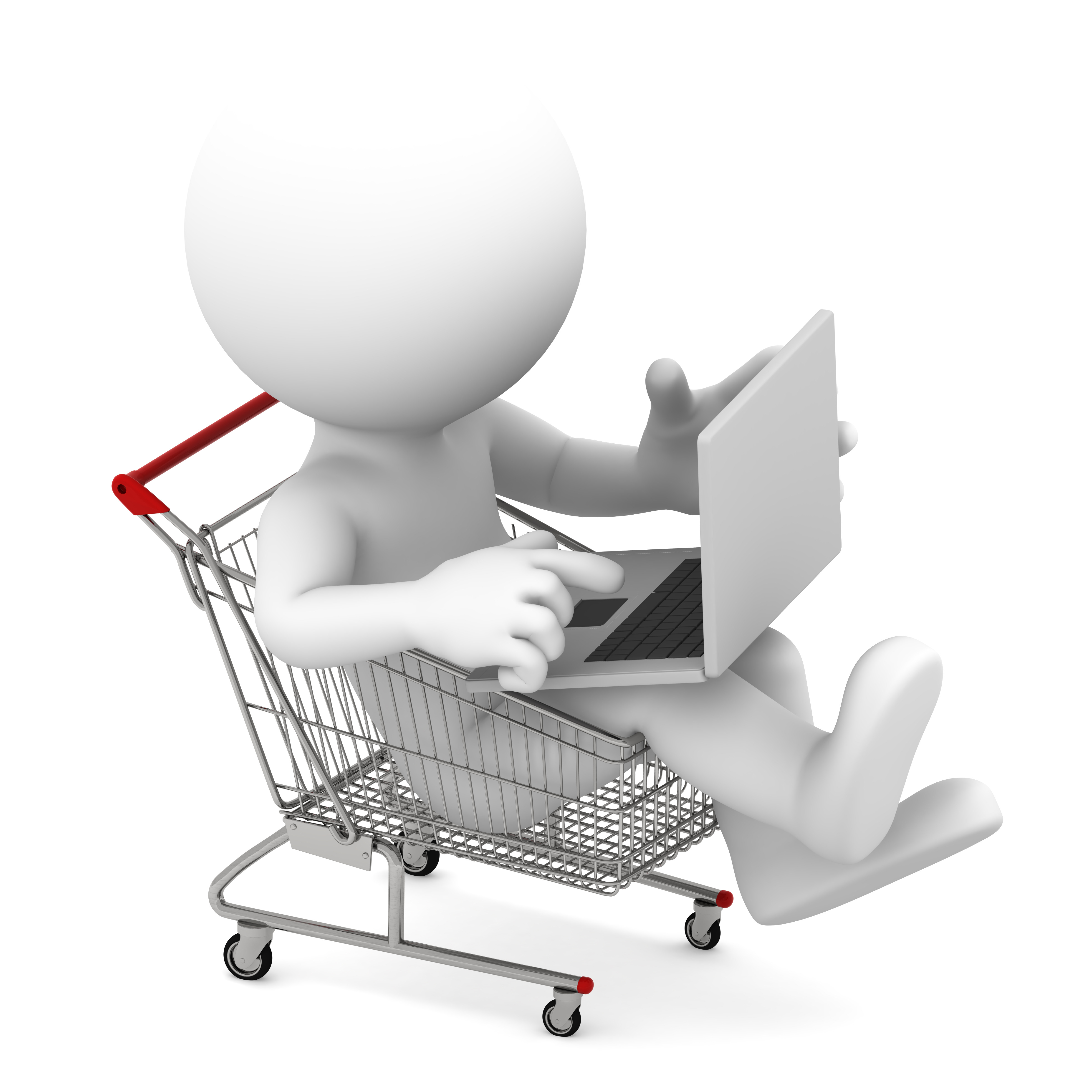 Man with laptop inside shopping cart. Online shopping concept.
